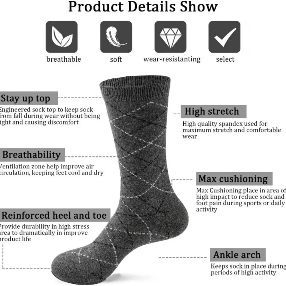 Men's Argyle Diamond Dress Socks Cotton Blend Retro Vintage Vibes 6 Pairs OS NEW